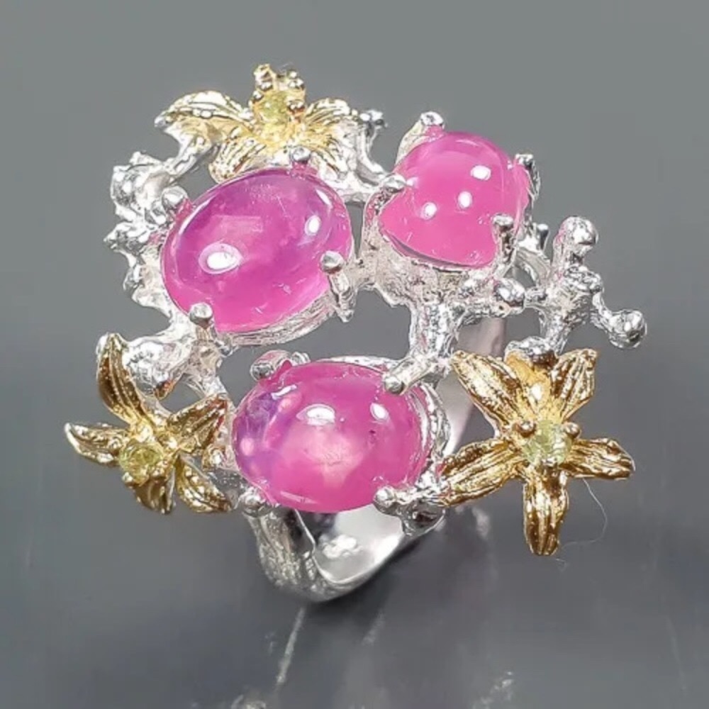 Unique Star Ruby Ring925 Sterling Silver & Goldsi… - image 1